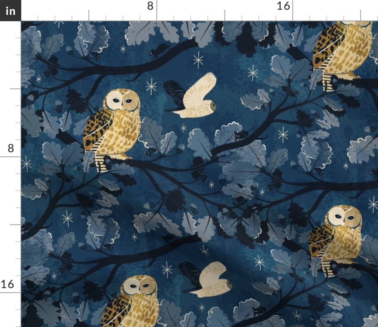 Room Blue Birds Woodland Owl Night Navy Mouse Custom Printed Fabric by Spoonflower Various Fabrics by the Yard or Fat Quarter
